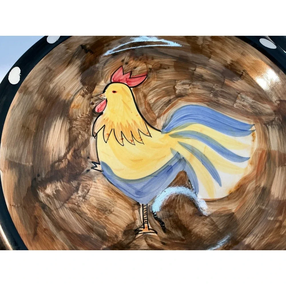 Vintage Rooster Ceramic Plates Set of 3 Polka Dot Rim 8 Inch Farmhouse